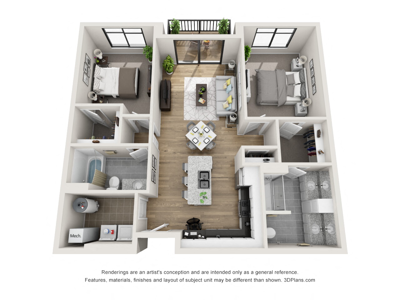 Floor plan for 2 beds, 2 baths, 1146 sqft